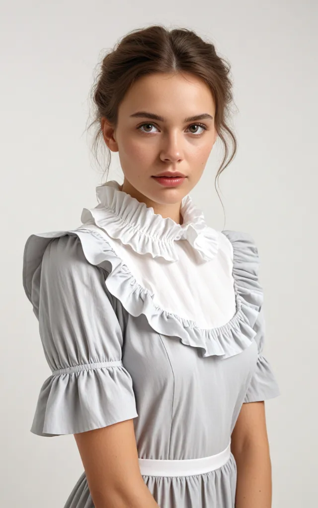 A European female model wearing a dress with a Frilled collar, white background, bust portrait